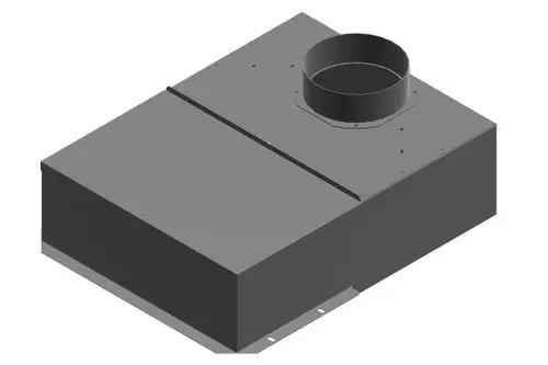 Graues Metallgehäuse mit runder Öffnung. Enthält Anschluss- und Befestigungselemente. Bosch-Produkt zur Strömungssicherung in Belüftungssystemen.